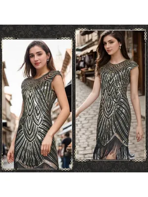 1920 Gold Sequin Fringed Gatsby Flapper Cocktail Dress Costume Accessories LARGE thumbnail 8