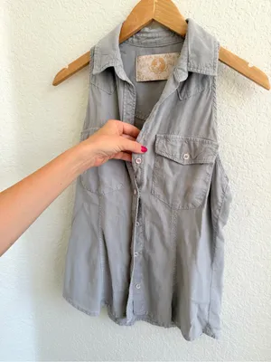 Bella Dahl Sleeveless Button Down Collard Tank Gray Cream S thumbnail 4