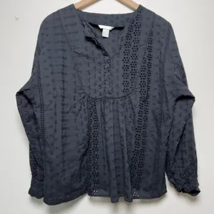 H&M Women Cotton Eyelet Top 12 Black Dark Cottage Embroidered Ethereal‎ Boho thumbnail 1