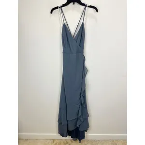 Lulus In Love Forever Granite Blue Lace Up High Low Maxi Dress Ruffle Medium NWT thumbnail 6