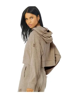 Alo Muse Hoodie Gravel Heather Tan Ribbed Stretchy Sweatshirt Sweater Pullover L thumbnail 4