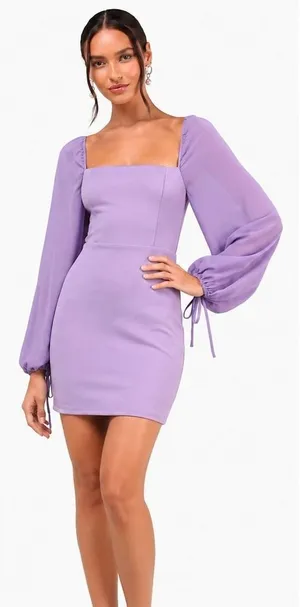 NWT Lulus Lace-Up Back Solid Mini Dress Purple Romantic Puff Sleeve Size S thumbnail 1