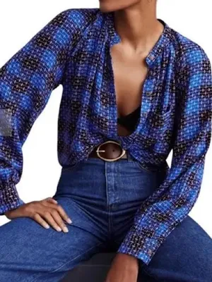 Anthropologie Pilcro Button Up Womens XS Blue Embroidered Plaid Crew Neck Blouse thumbnail 1