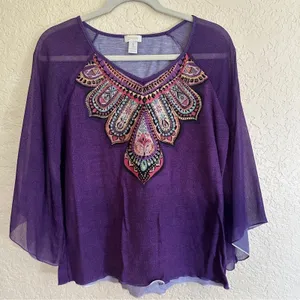 Chico's Top Purple 1‎ Women Embellished Sheer Bell Sleeve Boho thumbnail 3