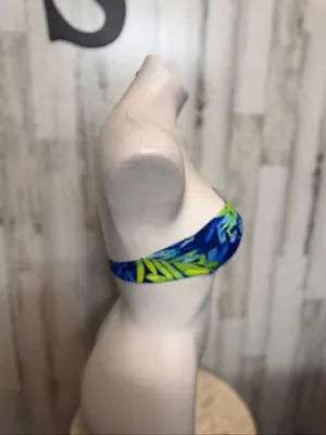 Bandeau Bikini Top Womens Small Tropical Leaf Print Blue Green Strapless Swim To thumbnail 2