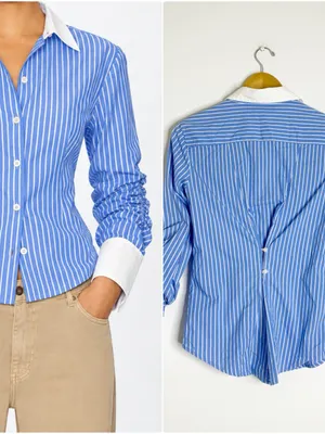 White House Black Market Striped Button Up Blouse Size 4 Ruched Sleeve thumbnail 2
