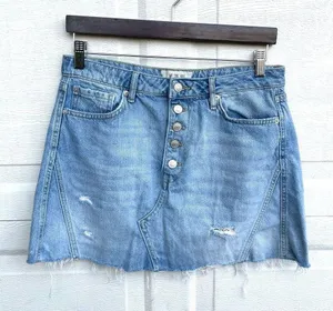 Free People We The Free Womens Skirt Blue Denim Button Fly Distressed Fray 29 thumbnail 1