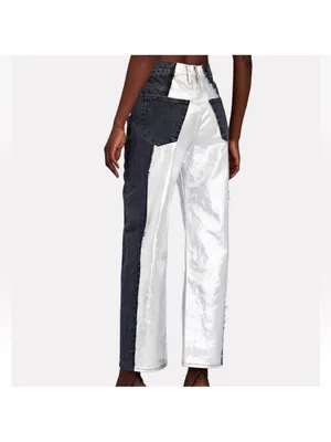 NWT FRAME Pieced Metallic Silver Black Straight Leg Jeans Size 26 Retail $448 thumbnail 4