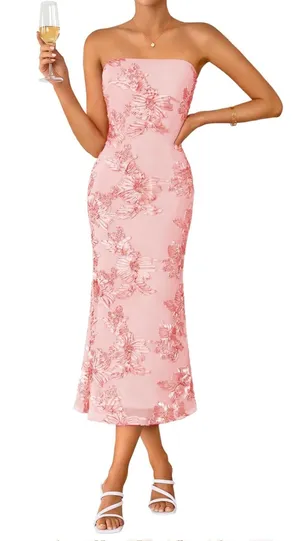 Zesica Pink Strapless Floral Midi Dress thumbnail 1