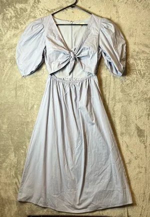 WAYF Peggy Twist Cut Out Short Puff Sleeve Midi Dress Blue Wedding Summer Cute 8 thumbnail 1