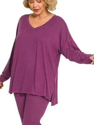 New!Plus Size Plum V-Neck Loungeset Top & Leggings - Size 3X thumbnail 3