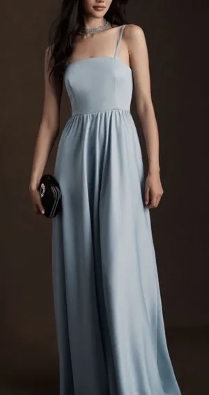 Anthropologie BHLDN Elsie Straight Neck Satin A-Line Gown Maxi Dress Dusty Blue thumbnail 1