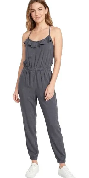 🔥 Abercrombie & Fitch Dark Gray Ruffle Trim Sleeveless Jumpsuit Size Medium thumbnail 1