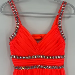 Sequin Hearts Y2K Neon Rhinestone Dress Sz 5 Prom Coral Pageant Bling Glam HOCO thumbnail 3