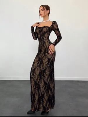 SHEIN Black Lace Maxi Dress with Long Sleeves thumbnail 6
