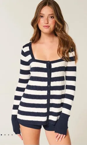Hollister Easy Long-Sleeve Square-Neck Babydoll Striped Size S thumbnail 1