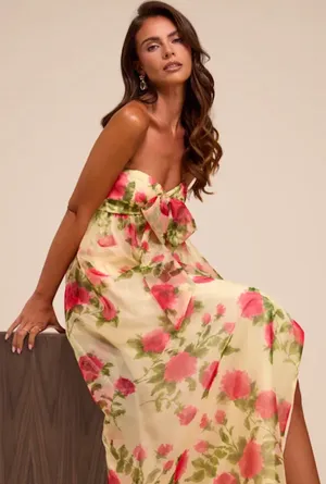 Lulus Ember Light Yellow Floral Organza Strapless Maxi Dress thumbnail 2