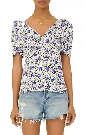 MAJE Blouse Lensam Printed Henley V-neck Short Puff Shoulder White Size 1‎ Small thumbnail 1