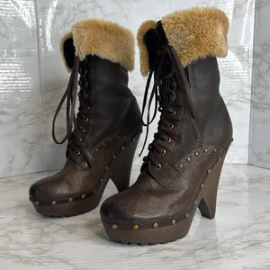 Sam Edelman Winsford Brown Leather Lace‎ Up Clogs Fur Booties Size 6.5M festival thumbnail 2
