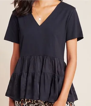 Maeve Anthropologie Top Black Ruffle Louisa Tiered Tee Small thumbnail 1