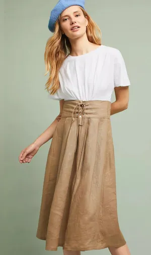 Eri + Ali Grace Corset Midi Dress Small Anthropologie Linen Cotton Lace Up Waist thumbnail 1