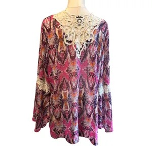 COMO Vintage Top Blouse Tunic SZ L Multicolor Sheer Crochet Bell Sleeves Boho thumbnail 7