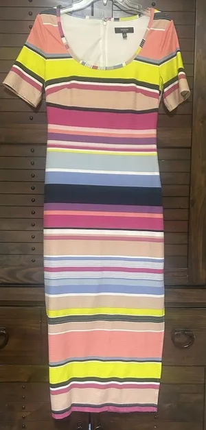 GUESS Multi-color Bright Striped Maxi Dress Size 4 Ribbed Short Sleeve Happy thumbnail 1