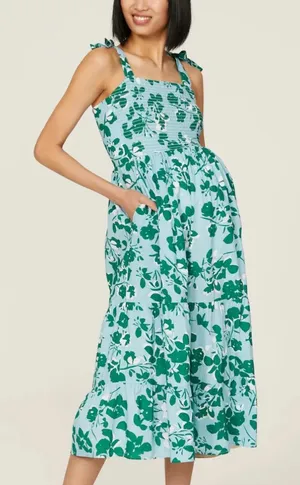 Seraphine Teal Floral Midi Maternity Nap Dress SMALL Nap Smocked Cottage $80 thumbnail 1