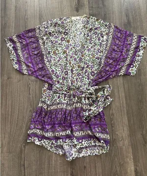 Umgee Womens 1XL Purple Floral Boho Kimono Sleeve Romper Surplice V-Neck thumbnail 1
