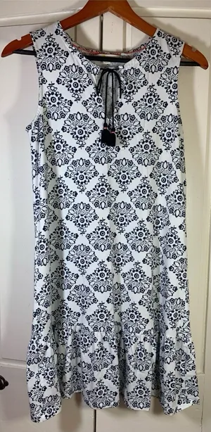 Boden Dress‎ US6R White Blue Floral V-Neck Tassel Sleeveless Ruffle Boho Peasant thumbnail 1