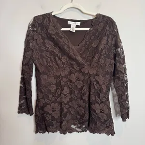 Vintage Y2K Chocolate Brown Lace Babydoll Blouse Large Romantic Whimsigoth Fairy thumbnail 2