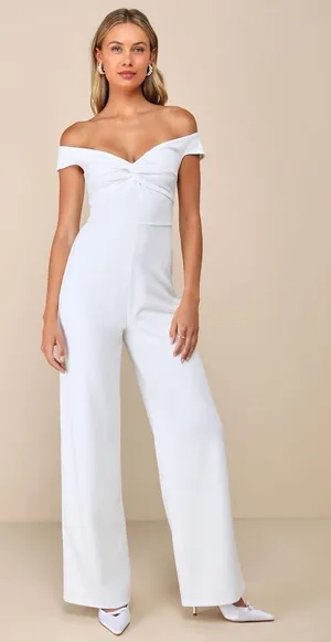 NWT Lulus Stunning Existence White Off-the-Shoulder Knot-Front Jumpsuit Size L thumbnail 1