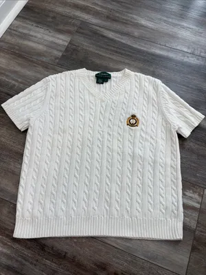 Lauren Ralph Lauren White Cable-Knit Short Sleeve V Neck Sweater Large thumbnail 2