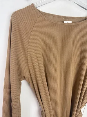 NWT Cupshe Belted Bishop Sleeve Rib Knit Mini Dress Brown Tan Size Medium M NEW thumbnail 3