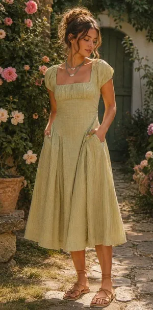 Free People Free-est Ciara Pucker Check Midi S Milkmaid Olive Sage Cottagecore thumbnail 1