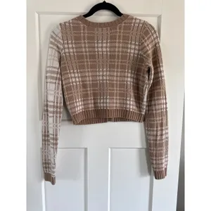 Hollister Tan Plaid Cropped Cardigan Button Front Knit Sweater Medium thumbnail 6
