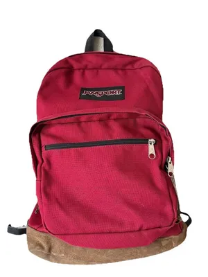 Jansport Right Pack Red Backpack Brown Suede Leather Bottom Schoolbag 17"x12" thumbnail 1