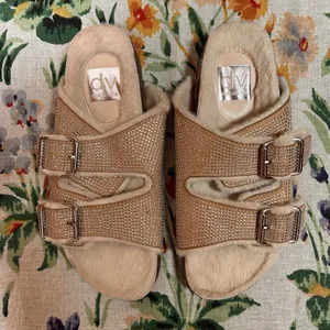 DV Dolce Vita Women Bonita Beige 6.5 Slides Sandals Shoes Bling Fur Comfort Boho thumbnail 1