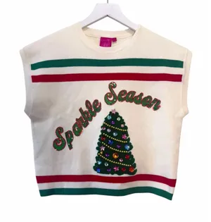 NWT Queen of Sparkle Sparkle Season Christmas Tree Sweater Vest Cream XS thumbnail 1
