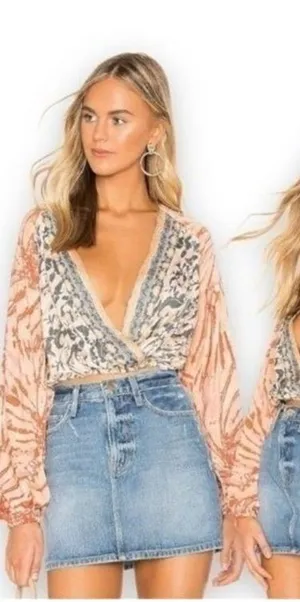 Free People Floral & Tie-Dye Wrap Blouse in Peach and Navy thumbnail 1