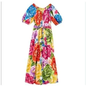Farm Rio Rainbow Chita Off Should Puff Sleeve Colorful Maxi Dress Size M thumbnail 4