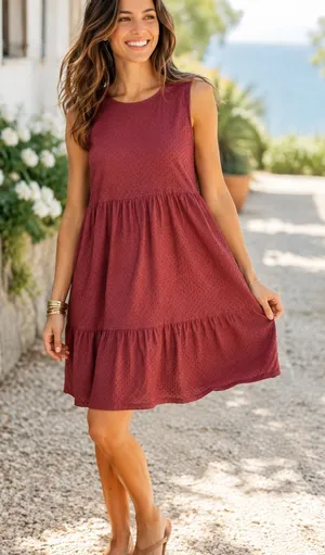 Maurices Rust Maroon Burgundy Swiss Dot Tiered Sleeveless Casual Dress thumbnail 1
