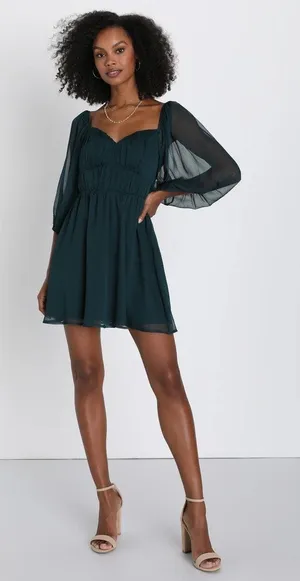 NWOT Lulus Vivacious Arrival Emerald Chiffon Balloon Sleeve Mini Dress Size M thumbnail 1