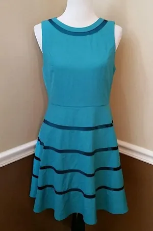 A-Line ModCloth Dress Teal Black Mesh Stripes with Cutouts by Ya Los Angeles thumbnail 1