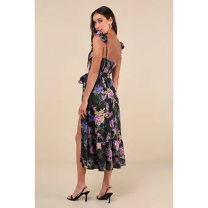 Lulus Sweet Like Sangria Black Floral Ruffled Bustier Dress Size Small Formal thumbnail 2