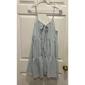 Blu Pepper Blue White Striped Swiss Dot Tiered Mini Dress Large‎ Tie Back Beach thumbnail 6