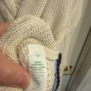aerie Cream Cable-Knit V-Neck Sweater with Blue and Black Trim thumbnail 7