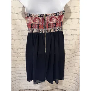 Ya Los Angeles Strapless Boho Mini Dress Silk Blend Navy Aztec Tapestry Print S thumbnail 3