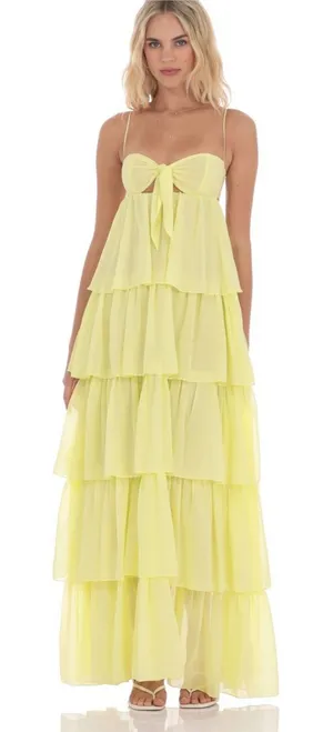 Lucy In The Sky Yellow Tiered Chiffon Maxi Dress Tie Front Cutout Back Small NEW thumbnail 1