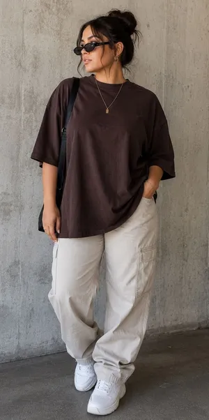Foxy Kind Oversized Boyfriend Ribbed Tee Brown Short Sleeve Crew Neck Top S/M thumbnail 1